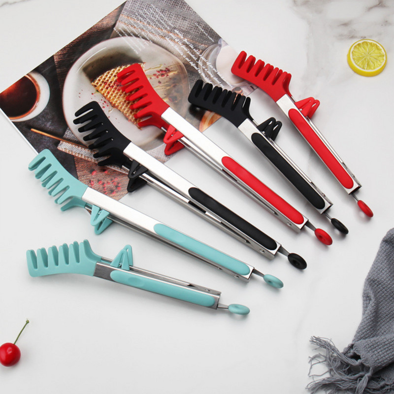 Spagečių žnyplės makaronų žnyplės maisto spaustukai nuo nuplikimo 12 colių virtuvės įrankis silikoninis daugiaspalvis nerūdijančio plieno makaronų šakutė