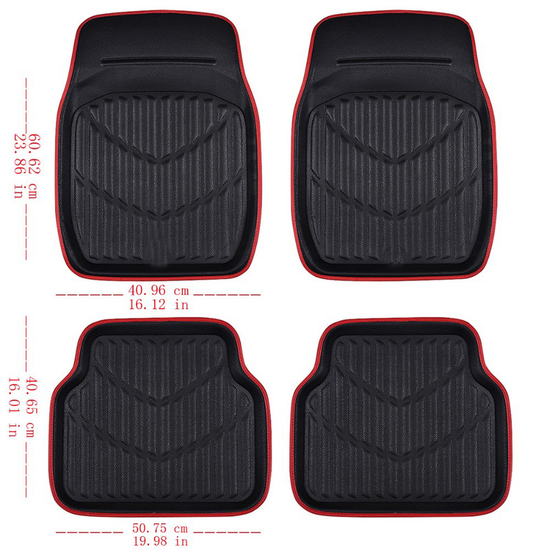 Universalūs odiniai PVC automobilių grindų kilimėliai Klasikiniai prabangūs automobilių aksesuarai Juodos raudonos pėdų pagalvėlės, vandeniui atsparios ir purvinos visiems automobiliams