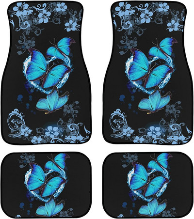 Snilety Blue Butterfly Pattern Cars Подложки Гумена подложка 4 части, Жени Момичета Пълен комплект Автоматични предни задни подови килими Тежки D