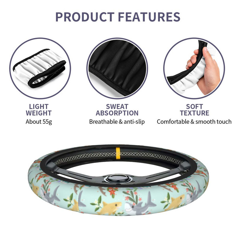 „Sharks“ gėlėtas automobilio vairo dangtelis 38 cm minkštas vandenyno banginis mėlyna jūra automatinio vairo apsauga, tinkamas automobilio stiliui