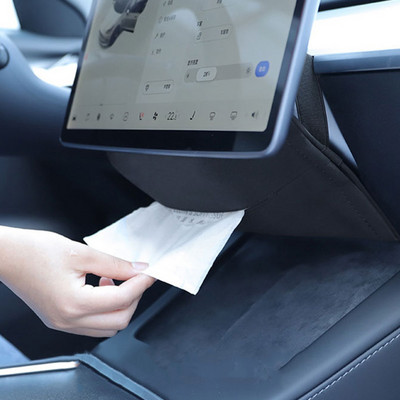 Велурена кутия за автомобилни кърпички за модел Tesla Model 3 YSX Интериорна чанта за съхранение на аксесоари, скрита зад екрана Държач за хартия за салфетки