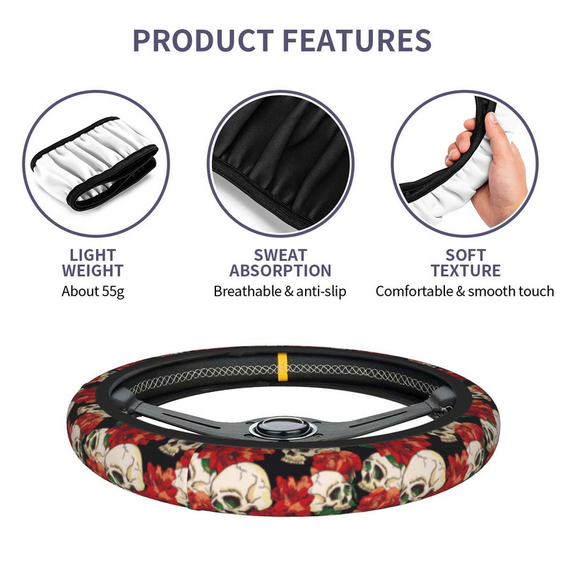 Navlake za volan od 38 cm, cvjetna lubanja, vintage pletenica na presvlaci za volan Auto dekoracija Prikladni dodaci za automobil