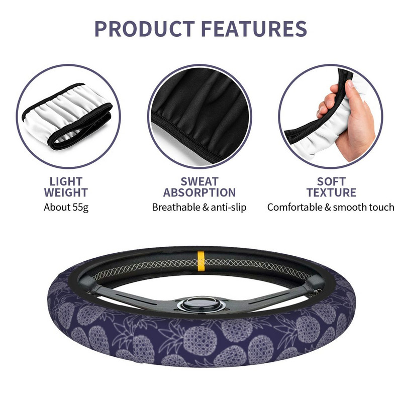 Capa volanului mașinii cu model ananas 38 cm moale, modern, bleumarin, colorat, accesorii de interior pentru stilul mașinii