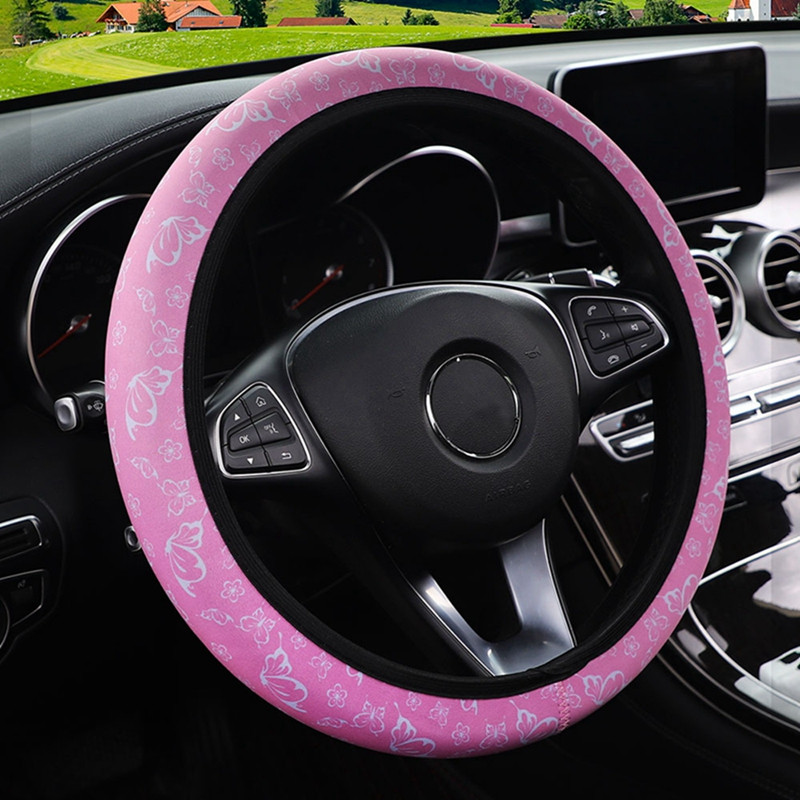38cm elastne rooliratta kate Auto rooliratta kate Naistele Rattakate Roosa Butterfly Print Libisemisvastased autotarvikud