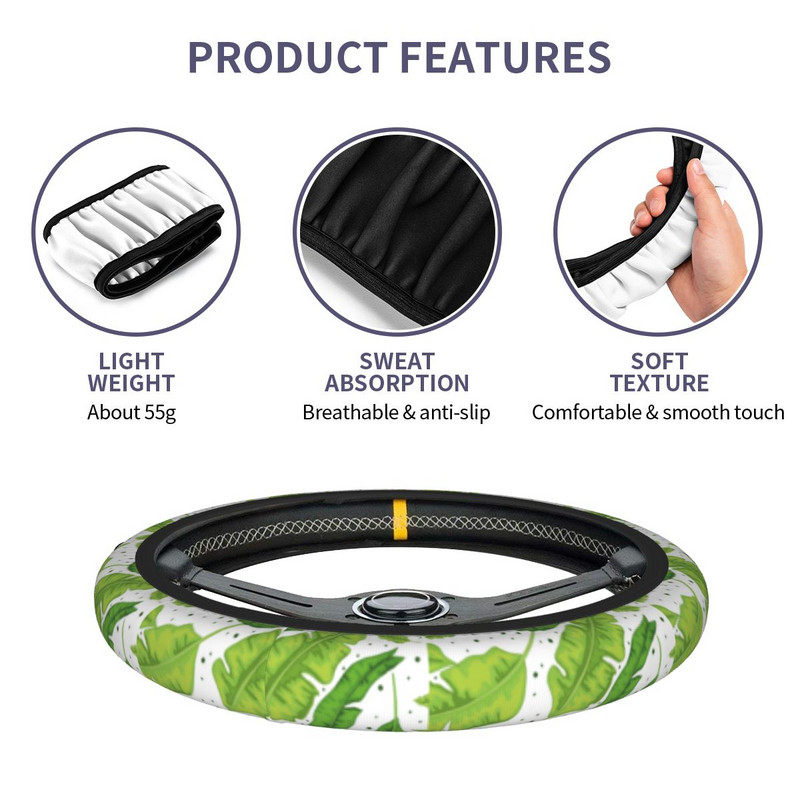 Leaf Leaves automobilio vairo dangtis 38cm Minkštas džiunglių atogrąžų žalias augalas Madingi automobilių stiliaus vairo priedai