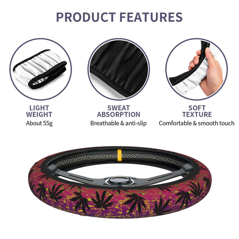 Husă pentru volan de mașină cu frunze etnice de cânepă grunge 37-38 Husă de protecție pentru volan cu frunze de buruieni Decor Accesorii interioare