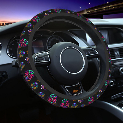37-38 Automobilio vairo dangteliai Spalvingi cukraus kaukolės gėlėti gotikiniai pynimai ant vairo dangtelio Automobilio stiliaus