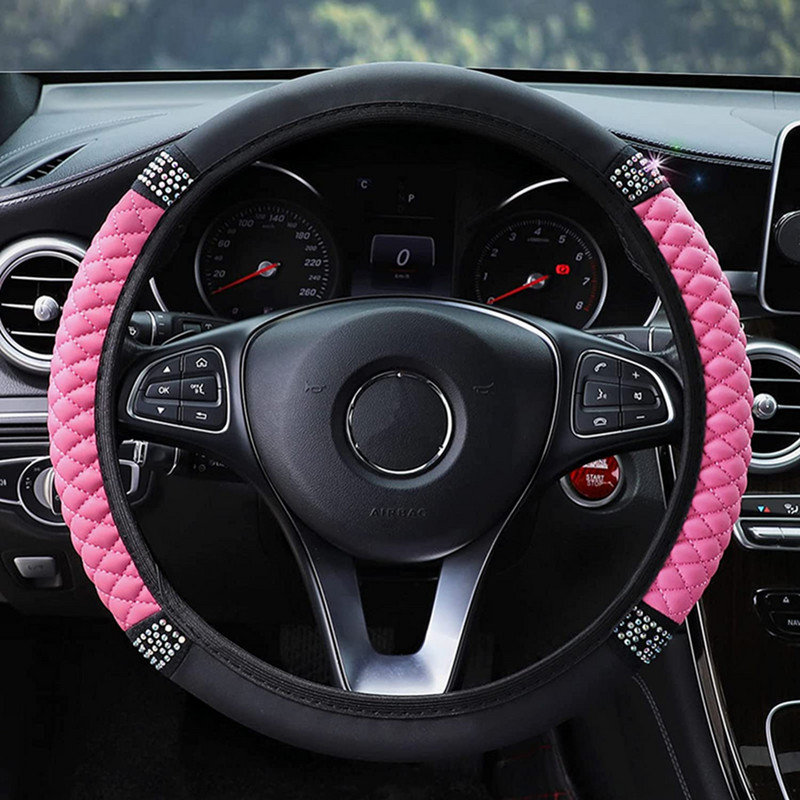 Blingi nahast roolikate, kristallteemantidega pehme, sädelevad autotarvikud enamiku autode jaoks (roosa)