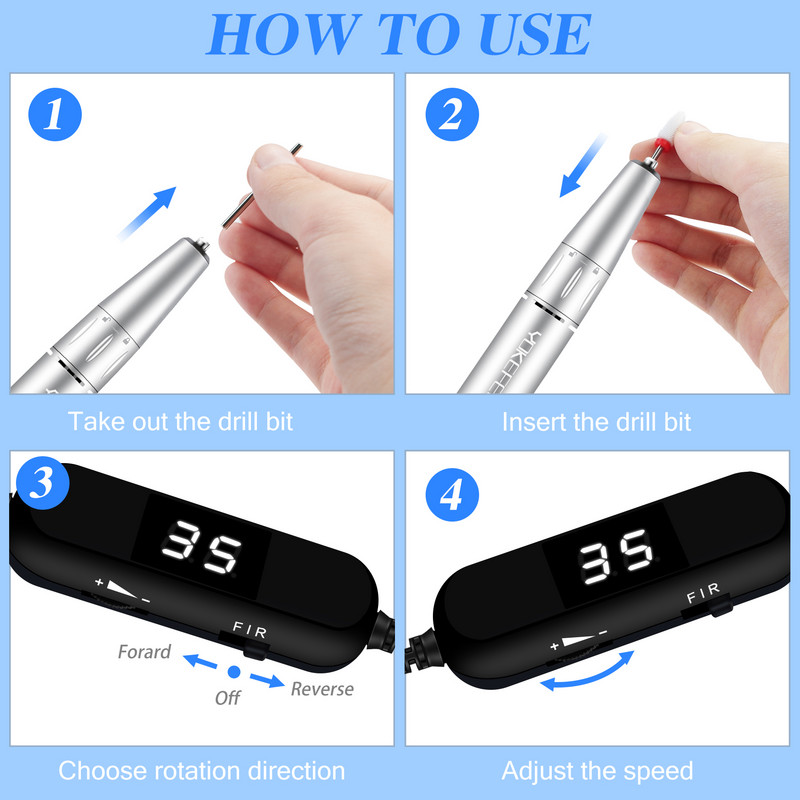 35000 RPM nagų gręžimo mašina LCD ekranas, nešiojamas įkraunamas manikiūro pedikiūro įrankiams Profesionali nagų gręžimo įranga, skirta naudoti namuose