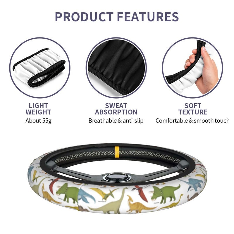 Dinozaurų šeimos automobilio vairo dangtelis 38 cm animacinių filmų automobilio vairo apsauga, spalvinga automobilio apdaila, automobilių priedai