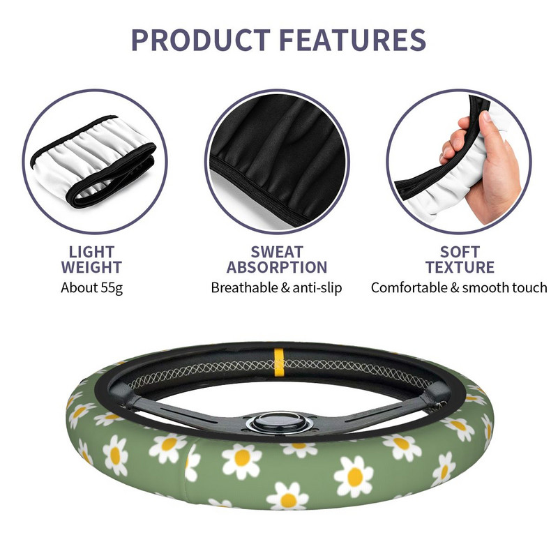 38 cm automobilio vairo dangtis Daisy Green neslystantis pynimas ant vairo dangtelio Elastische vairo priedai