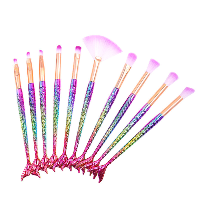 10 tk Mermaid meigipintslite komplekt koos hoiukotiga põsepuna jumestuskreemi jaoks Pehmete harjastega lauvärvipintsel Beauty Tool Random Color