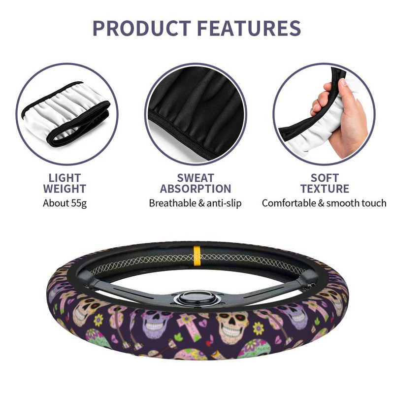 38cm kryt volantu do auta Cukrová lebka Mäkký vrkoč na Deň mŕtvych Halloween na kryt volantu Autodoplnky