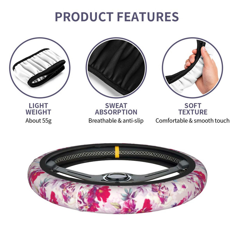 Gėlėtas kaukolės automobilio vairo dangtelis 37-38 vintage peony vairo apsauginis dangtelis Auto vairo priedai