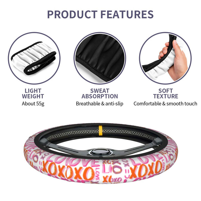 Κάλυμμα τιμονιού αυτοκινήτου 38 cm XOXO LOVE Universal Preppy Pink Πολύχρωμα αξεσουάρ τιμονιού σε στυλ αυτοκινήτου