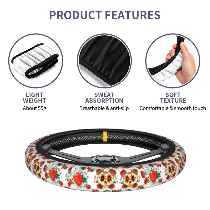 Sugar Skull Helovinas Meksikos automobilio vairo dangtelis 38 cm Minkštas žavingas liaudies stiliaus automatinis vairo apsaugas, automobilio stilius