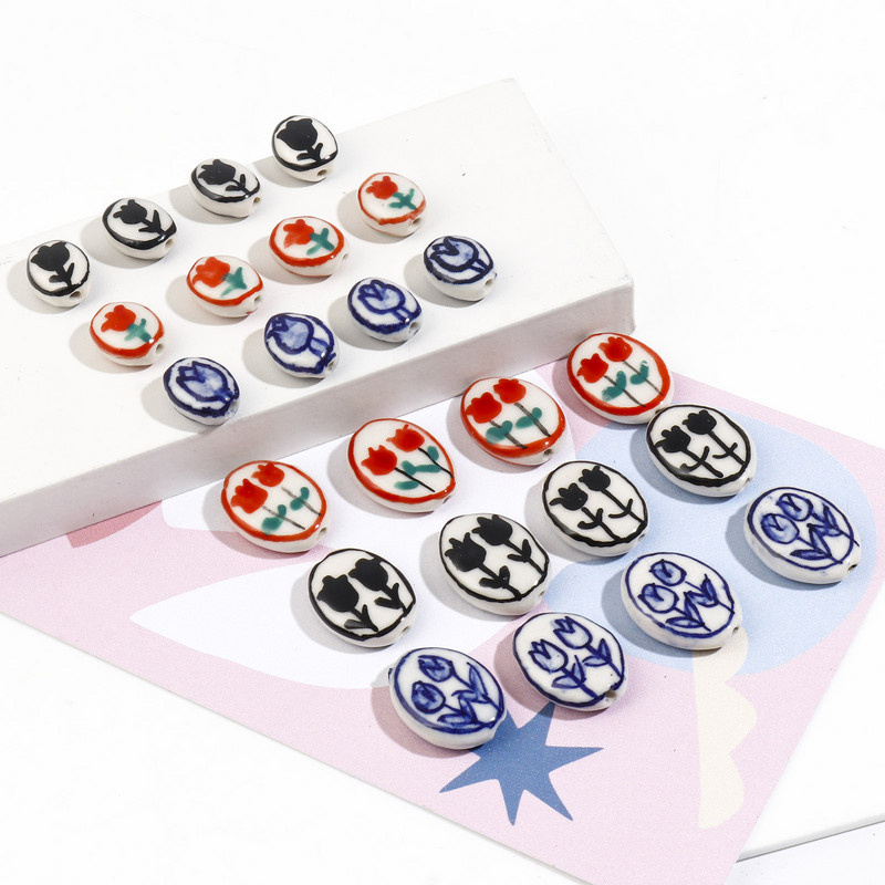 5PC keramičkih perli s uzorkom cvijeta tulipana, ovalnih višebojnih perli s razmaknicama. Uradi sam, izrada narukvica, ogrlica za žene, nakit