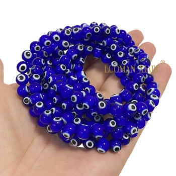 Глазирани сини Evil Eye Lampwork стъклени мъниста Свободни плоски кръгли дистанционни мъниста 6 8 10 мм за изработка на бижута Направи си сам аксесоари за гривни