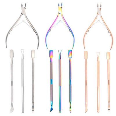 Неръждаема стомана Двойна глава Nail Art Dead Skin Pusher Ножици за кожички Ножици Комплект за маникюр Rose Gold UV Gel Remove