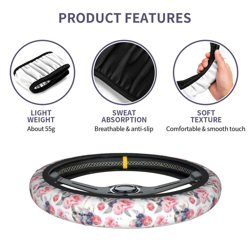 Gėlėtas kaukolės automobilio vairo dangtelis 37-38 Neslystantis Šiuolaikinės mados automobilių apdailos automobilių priedai