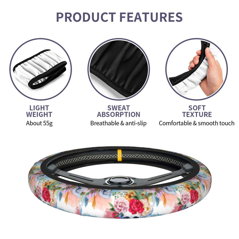 Navlaka za volan automobila s cvjetnom lubanjom 38 cm Boho Zaštitna navlaka za volan Prikladna auto dekoracija Dodaci za automobil