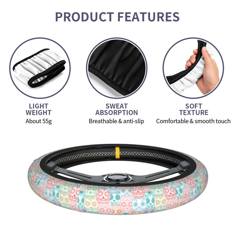 38 cm automobilio vairo dangtelis Sugar Skull universalus meksikietiškas skeletas automobilių apdaila Elastische vairo priedai