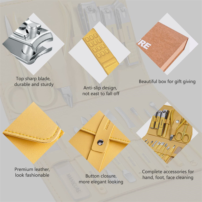 Manikiūro rinkinys 16 viename pilnai veikiantis rinkinys Profesionalūs nerūdijančio plieno pedikiūro rinkiniai su odiniu nešiojamu dėklu Idea Dovana