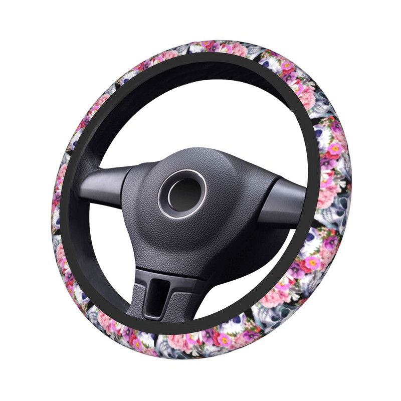 Floral Skull κάλυμμα τιμονιού αυτοκινήτου 37-38 Μαλακό μοντέρνο πολύχρωμο αξεσουάρ τιμονιού σε στυλ αυτοκινήτου