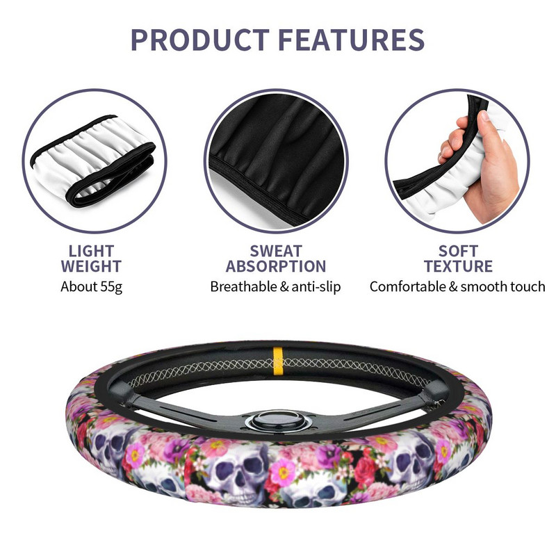 Floral Skull κάλυμμα τιμονιού αυτοκινήτου 37-38 Μαλακό μοντέρνο πολύχρωμο αξεσουάρ τιμονιού σε στυλ αυτοκινήτου