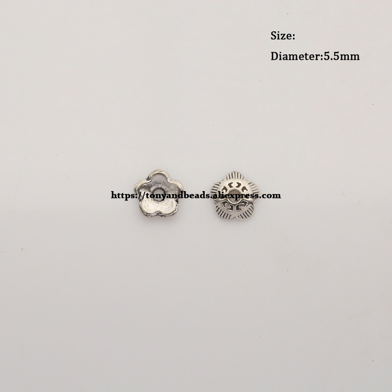 (50vnt. / partija!) Cinko lydinio Tibeto antikvariniai sidabro spalvos gėlių karoliukai papuošalų dangteliai, dydis 5,5 mm HA-11351