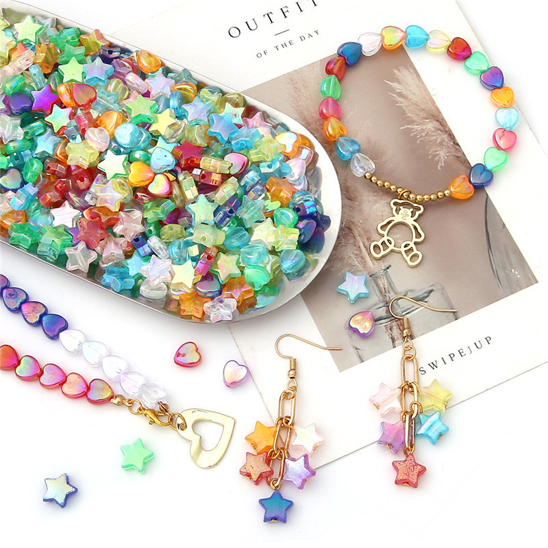 50 vnt 11 mm akrilo karoliukai žvaigždės širdies formos spalvingi AB simfoniniai karoliukai papuošalams gaminti „pasidaryk pats“ apyrankės, reikmenys, reikmenys