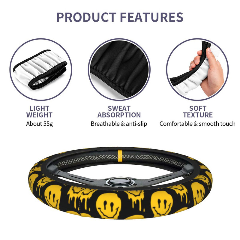 Acid Smile Κάλυμμα Τιμονιού Αυτοκινήτου 38cm Αντιολισθητικό Χαμογελαστό Πρόσωπο Προστατευτικό Κάλυμμα Τιμονιού Πολύχρωμο στυλ αυτοκινήτου