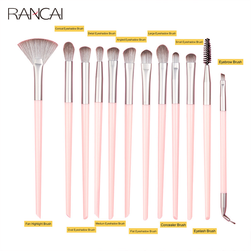 RANCAI 12tk Professionaalsed meigipintslid Roosa värvi lauvärvide jumestuspintslite komplekt Blending Eyeliner Brow Fan Cosmetic tööriistakomplektid