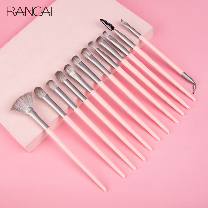 RANCAI 12tk Professionaalsed meigipintslid Roosa värvi lauvärvide jumestuspintslite komplekt Blending Eyeliner Brow Fan Cosmetic tööriistakomplektid