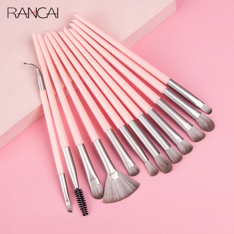 RANCAI 12tk Professionaalsed meigipintslid Roosa värvi lauvärvide jumestuspintslite komplekt Blending Eyeliner Brow Fan Cosmetic tööriistakomplektid