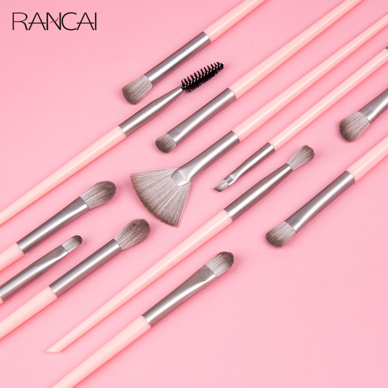 RANCAI 12tk Professionaalsed meigipintslid Roosa värvi lauvärvide jumestuspintslite komplekt Blending Eyeliner Brow Fan Cosmetic tööriistakomplektid