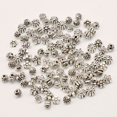 100 vnt. sidabro medžiaga Tibeto sidabro karoliukai, tarpikliai, palaidi karoliukai žavingiems papuošalams gaminti mišraus dydžio rankų darbo