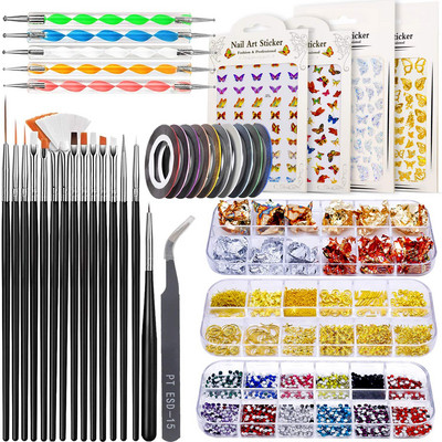 Nail Art Set Alat Ornament Set 15 oslikanih olovaka Dot Dril Olovke Zlatna folija Papir Zlatne niti Naljepnice Komplet za nokte Profesionalni set