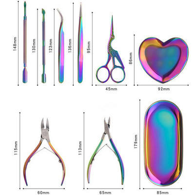 9Pcs/Set Rainbow Stainless Nail Pusher Cuticule Pincet Cutter Trimmer Clipper Scissor Dead Skin Manicure Pedicure Nails Art Tool