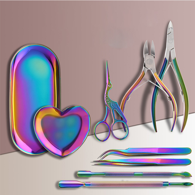 9Pcs/Set Rainbow Stainless Nail Pusher Cuticule Pincet Cutter Trimmer Clipper Scissor Dead Skin Manicure Pedicure Nails Art Tool