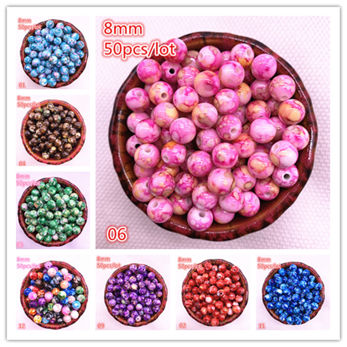 NAUJI 50 vnt 8 mm žydintys apvalūs akrilo karoliukai Laisvi tarpiniai karoliukai papuošalams gaminti „pasidaryk pats“ apyrankė Nr. 01