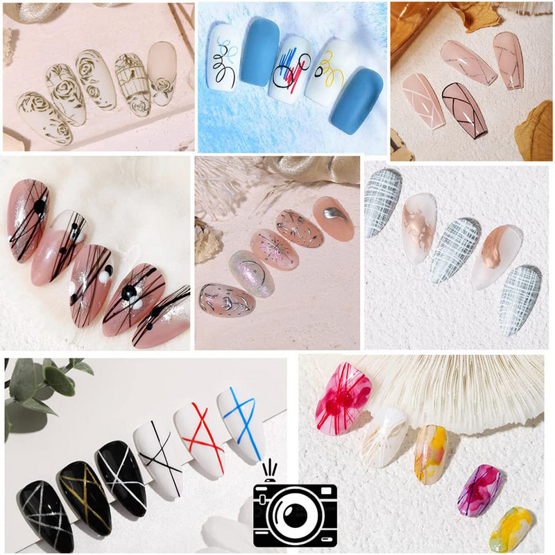 Set de perii pentru căptușeală pentru unghii, cu dungi ultra-subțiri, cu dungi franceză, 3D, cu gel UV, lac, grilă de flori, pix pentru desen pentru instrumente de manichiură DIY