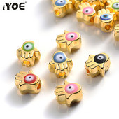 iYOE 10 τμχ 6x7 χιλιοστά Χρυσό Χρώμα Παλάμης Χάντρες με το κακό μάτι Πολύχρωμες χάντρες Hamsa Spacer For DIY Βραχιόλι Κολιέ Κοσμήματα Προμήθειες κατασκευής