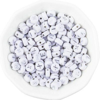 Ασημί Λευκό Χρώμα Ακρυλικό 7x4mm 26 Γραμμάτων Στρογγυλό Σχήμα Ακούστε Χάντρες Αλφάβητο Γράμμα For Make Βραχιόλι Κολιέ Αξεσουάρ κοσμημάτων