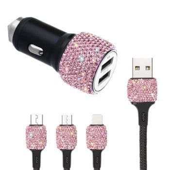 Νέος φορτιστής αυτοκινήτου Bling USB 5V 2.1A Γρήγορος προσαρμογέας διπλής θύρας Ροζ διακόσμηση αυτοκινήτου Διαμαντένια αξεσουάρ αυτοκινήτου Εσωτερικό για γυναίκα