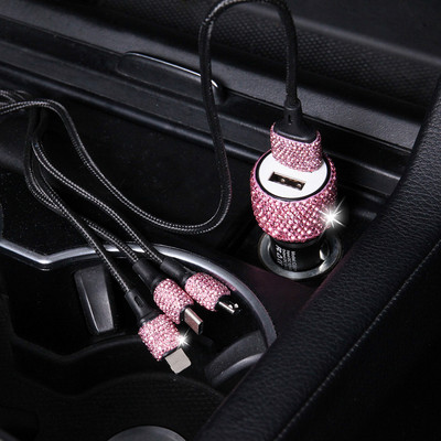 Încărcător de mașină Bling USB nou 5V 2.1A Adaptor rapid cu două porturi Roz Decor Car Styling Diamond Accesorii auto Interior pentru femei