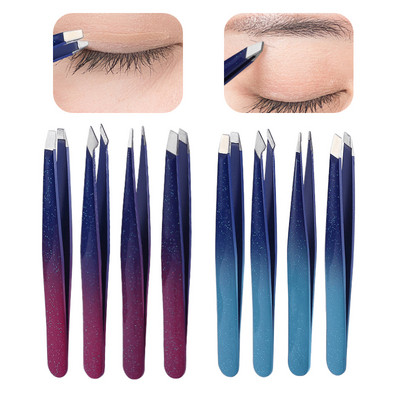 4 Styles Precision Eyebrow Tweezers Stainless Steel Fine Hairs Puller Flat Slant Tip Eye Brow Clips Hair Removal Makeup Tools