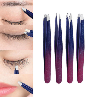 4 Styles Precision Eyebrow Tweezers Stainless Steel Fine Hairs Puller Flat Slant Tip Eye Brow Clips Hair Removal Makeup Tools