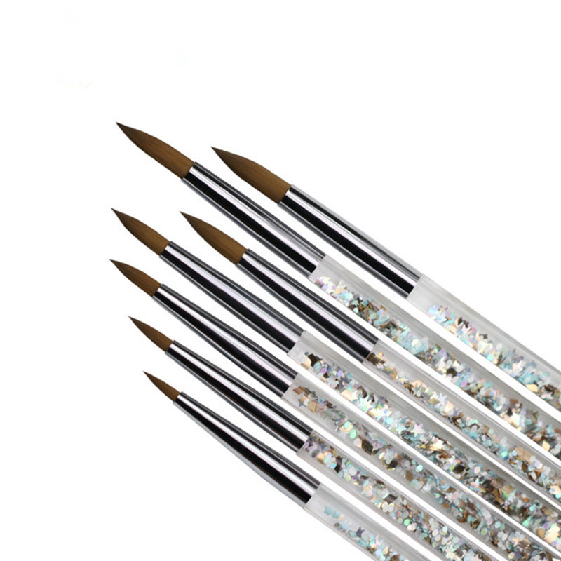 6 suuruses küünekunsti pintsel akrüülpuudri jaoks 100% nailonist maniküüri akrüülküünte ümmargune vedela sädeleva käepidemega küünekunsti pintsel