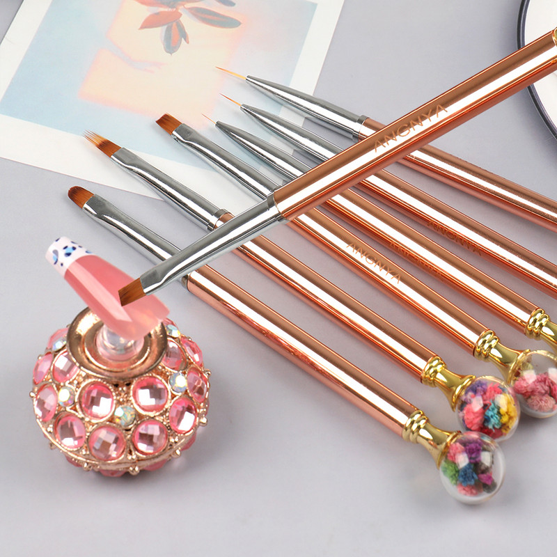 Βούρτσα νυχιών ροζ χρυσό Diamond Flower Nail Brush Line Painting Brushes Nails Crystal Acrylic Liner Drawing Pen Nail Gel Brush
